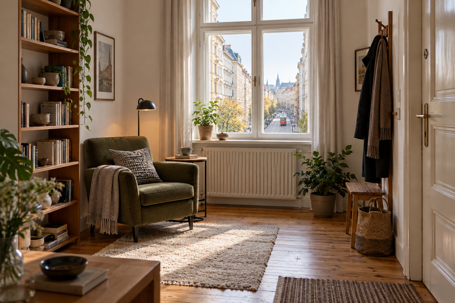 Helle kompakte Wiener Wohnung mit Blick auf eine Straßenbahnstraße